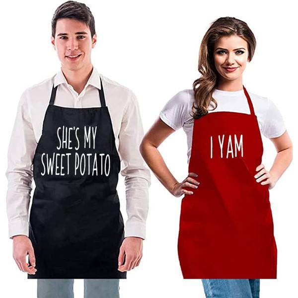Witty Enterprise — Funny Couple Aprons (2 Pack) + Gift Bag — She’s My Sweet Potato, I Yam — For Girlfriend, Boyfriend, Friend — Birthday, Engagement, Anniversary, Wedding, Funny Gift Idea