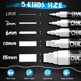 APOGO White Chalk Pens,Liquid Chalk Pens for Blackboards, Chalkboard,Window, Glass, Jars,Signs,Chalk Markers with 45 Blackboard labels,Pack of 6 Chalkboard Pens-Wet Wipe Erase-(1mm,3mm,6mm,10mm &15mm)