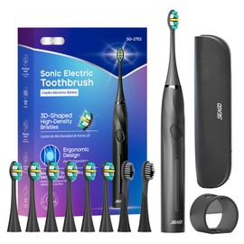 SEAGO Electric Toothbrush with 8 Soft Bristle Heads for Adults, Pressure Sensor, 5 Modes with 2 Minutes Build in Smart Timer, Rechargeable Travel Toothbrush with Brush Hold and Travel Case(Black)