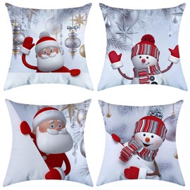 LYINUR Christmas Cushion Covers Set of 4, 18 x 18 Inch Christmas Decorations Throw Pillow Cover Xmas Sofa Cushion Covers Themed Santa Snowman Decorative Pillows Cases for Bedroom (45 x 45 cm)
