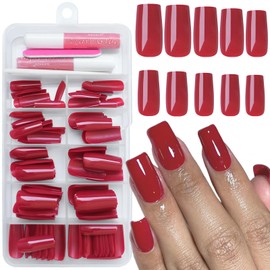 Bellelfin 120Pcs Red Press on Nails Medium Square Glue on Nails, Glossy Solid Color Fake Nails Full Cover Acrylic Nails Press on for Women Girls Artificial Fingernails