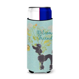 Caroline's Treasures BB7615MUK Welcome Friends Black Poodle Ultra Hugger for Slim cans Can Cooler Sleeve Hugger Machine Washable Drink Sleeve Hugger Collapsible Insulator Beverage Insulated Holder