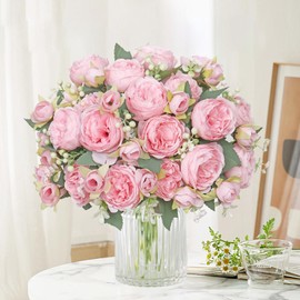 SOMYTING Peonies Artificial Flowers, Silk Flowers Faux Peonies Bouquet Fake Flowers Silk Floral Arrangements Dining Table Centerpieces for Home Wedding Party Decoration (Light Pink, 4PCS)