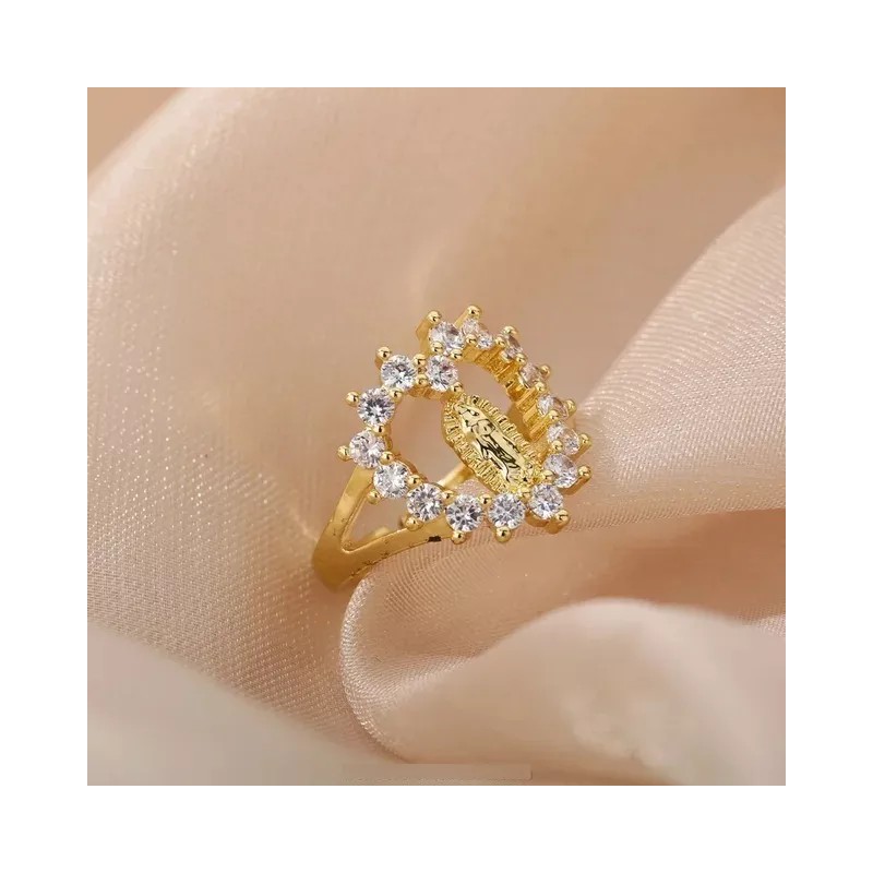 Anillo De Corazón Oro 24k Con Cironias Virgen De Guadalupe