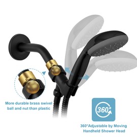 OFFO Shower Head Holder with Solid Brass Ball for Handheld Shower Head, Adjustable Shower Arm Mount for Connecting Shower Arm and Shower Hose, 1/2 Inch IPS Female Inlet and Male Outlet, Matte Black