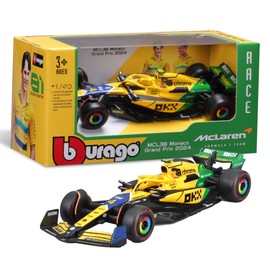BBURAGO McLaren MCL38 Monaco GP 2024 Livrea Senna Scala 1:43, Replica Diecast Dettagliata Assortimento Casuale Norris o Piastri, Edizione Tributo Ayrton Senna