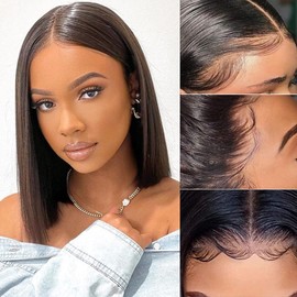 Short Bob Wigs Human Hair 4x1 Lace Closure Wigs Brazilian Straight Bob Human Hair Wigs 150% Density Pre Plucked with Baby Hair (straight bob wig, 12)
