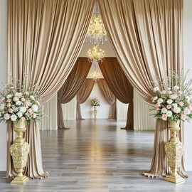 PartyVillage 50ft×15ft Beige Backdrop Curtain for Wedding Parties, 10 Panels Wrinkle Free 15 FT Long Polyester Photo Backdrop Drapes Back Drop Cloth for Birthday Photography Background