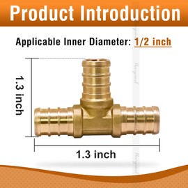 Horiznext 1/2 inch pex tee fitting, brass coupling adapts water pipes connect pvc tubing quick press barb into crimp ring manifold push into hose.(8 pcs)