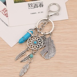 LEEQBCR Dream Catcher Keyring Bohemian Style Metal Keyring Gift for Girls and Women Couples (Light Blue), silver