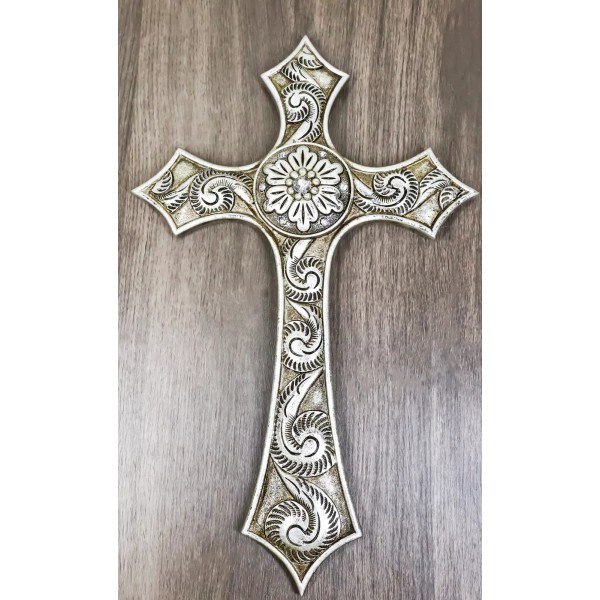 Rustic Western Silver Concho With Ornate Shell Pattern Wall Cross