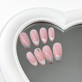 Press on Nails Medium Almond French Tip Fake Nails Pink Full Cover Glitter Nail Tip False Nails with Designs Rhinestones Glossy Glue on Nails White Acrylic Nails Artificial Nails for Women Girls 24Pcs