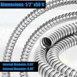 Yaocom Metal Flexible Conduit 50 ft Reduced Wall Flexible Conduit Galvanized Steel Outdoor Electrical Conduit for Greenfield Wiring(1/2 Inch)