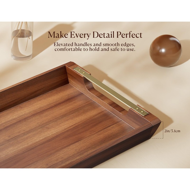 Dofira Acacia Wood Serving Tray with Metal Handles, 17x13in Large
