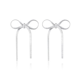ASCONA 925 Sterling Silver Post Gold Silver Bow Earrings Women Ribbon Stud Earrings Gift (Short Tassel Silver)