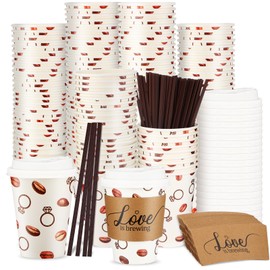 Jingmore 100 Pcs 12 oz Coffee Bridal Shower Cup Set with Love Is Brewing Sleeves and Stirrers Disposable Paper Coffee Cups for Bridal Shower Decorations Engagement Party Supplies(White)