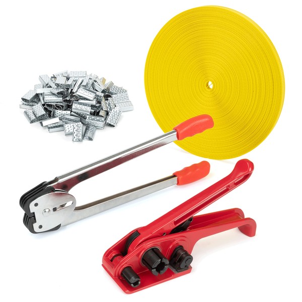 Poly Strapping Tensioner & Cutter Manual Banding Sealer Tools Set with PP Plastic Strapping Kit 4000"Length, 100 Metal Seals