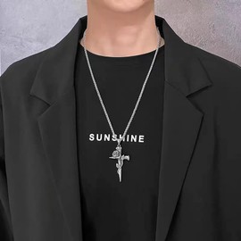 Cimenexe Bohemian Cross Rose Choker Necklace Silver Rose Flower Pendant Necklace Cross Flower Chain Necklace Punk Crucifix Rose Necklace Jewelry for Women and Girls Gifts