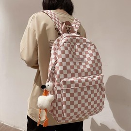 MININAI MININAI Y2K Aesthetic Checkered Backpack with Kawaii Pendant Checkerboard Backpack Cute Preppy Laptop Backpack Light Rucksack (One Size,Pink)