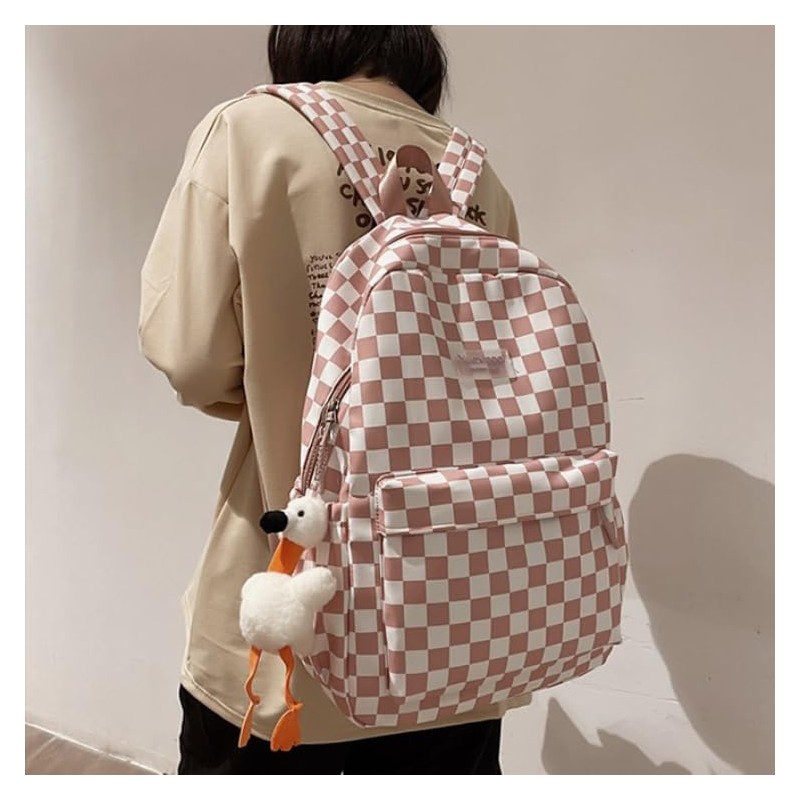 MININAI MININAI Y2K Aesthetic Checkered Backpack with Kawaii Pendant Checkerboard