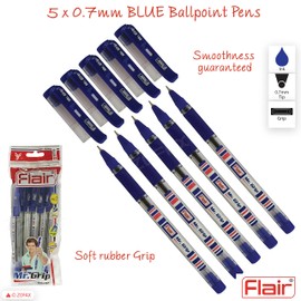 Flair 5 x 0.7mm Mr Grip BLUE Ballpoint Pens Rubber Grip Smoothness Guaranteed