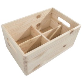 WooDeeDoo Medium Wooden Storage Crate with Removable Dividers – Stackable Unfinished Pine Box with 4 Compartments for Craft Supplies Kitchen Drawers Workshop Pantry Tools DIY – 29.5 x 19.5 x 13 cm