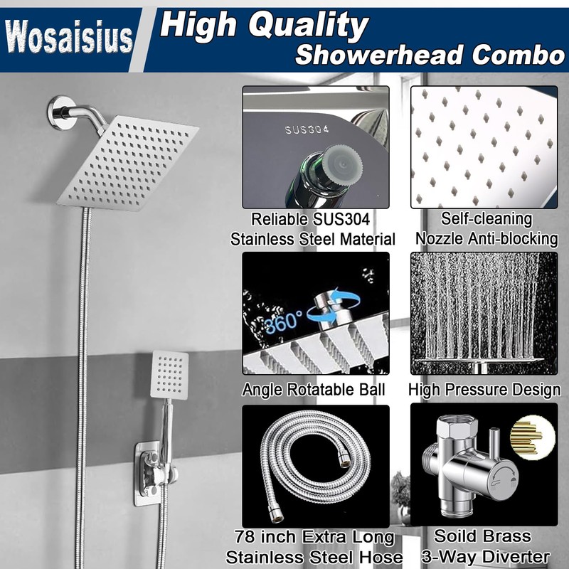 Dual Shower Head Combo, All Metal 8'' Rainfall Shower Head