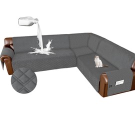 Arfntevss Waterproof Sectional Couch Covers L Shape Washable Velvet Sofa Cover for Sectional Non Slip Large Corner Slipcovers Dog 6 Pcs Universal U Shaped Furniture Protector (Dark Grey, X-Large)