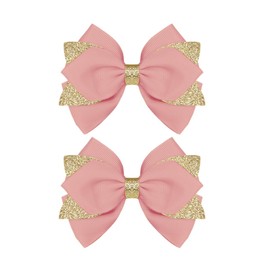Koolgil 4-inch Glitter Hair Bow Clips Girls Sparkly Ribbon Bow Cheer Barrettes Alligator Hairpins for Baby Girls, Toddler, Kids and Teens Accessories Gift Set of 2 (Dusty Pink)