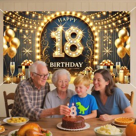 Cmialusie Happy Birthday Banner 70.8x43.3 Inch Glittering Gold Balloons Fireworks Party Decoration Background