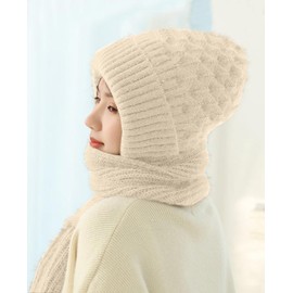 Yutdeng Integrated Ear Protection Windproof Cap Scarf 2 in 1 Womens Hat and Scarf Sets Winter Warm Thermal Knitted Beanie Hats and Scarves Thick Ear Guard Hat Hooded Scarf Set,Beige
