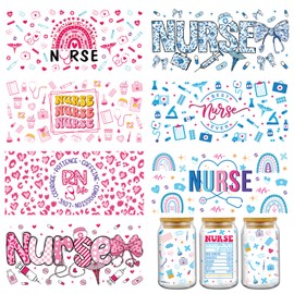 Nurse UV DTF Cup Wraps - 8 Sheets RN Nursing Uvdtf Tumbler Wrap for 16 oz Glass Water Bottle, Boho Coquettte Bows Rub on Transfer Stickers DIY Coffee Cups Craft Creative Gifts for Hospital Nurses