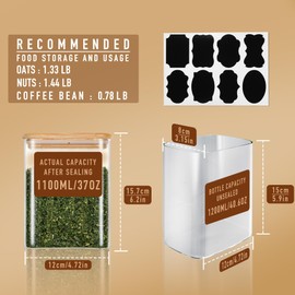 D2scrma 37oz Rectangle Airtight Glass Storage Containers with Bamboo Lids (Set of 6), Square Food Storage Jar, Pantry Organizers for Cereal, Nuts, Snacks and Coffee beans (‎with Black Lable)