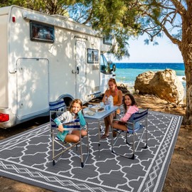 FairOnly 9×18 Large Rug Waterproof Plastic Straw Rug Moroccan Outdoor Rug Easy-Cleaning Outdoor Area Rug Carpet Rv Mat Outdoor Patio Camping Rug for Picnic Backyard Deck Balcony Porch，Gray