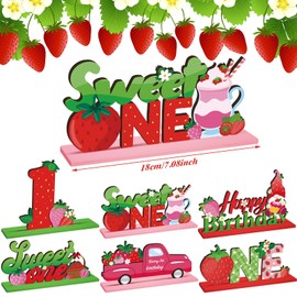 Suzile 6 Pcs Strawberry Sweet One Table Wooden Centerpiece Decorations Strawberry First Birthday Party Table Decor Berry 1st Pink Sign for Baby Girls Summer Fruit Baby Shower First Party Favors