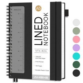 AHGXG Lined Spiral Notebook Journal for Women Men, 160 Numbered Pages, A5 College Ruled Notebook for School Work Writing Note Taking, 5.7" x 8.3", 100 GSM Thick Paper, Waterproof Plastic Cover, Black
