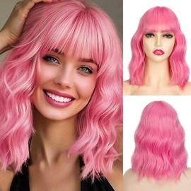 Sleekcute Bob Wig with Bangs 14 Inch Pink Short Wavy Color Wigs for Women Synthetic Heat Resistant Bob Wigs For Women Daily Party Use(14 Inch Pink)