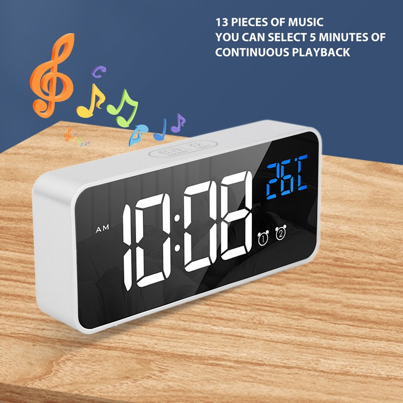 Mirror LED Alarm Clock Two Sets of Alarm Rechargeable Voice
