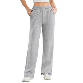 PINSPARK Straight Leg High-Waist Sweatpants Women Casual Lounge Wide-Legs Pants Interior Drawstring Active Fashion Sweat Pant Athletic with Pockets Heather Light Grey Petite M