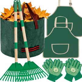 HLWDFLZ 34" Kids Adjustable Leaf Rake Set 7 Pack with 2 Aprons & Leaf Bag