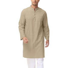 LVCBL Kaftan Mens Linen Long Sleeve Thobe Abaya Lounge Robes Whit Pockets Khaki XL