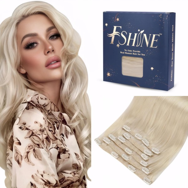 Fshine Clip Extensions, Platinum Blonde, 50 cm, 7 Pieces, 120 g, Real Hair Clips Extensions, Double Wefts, Remy Extension Hair, Straight Human Hair Extensions