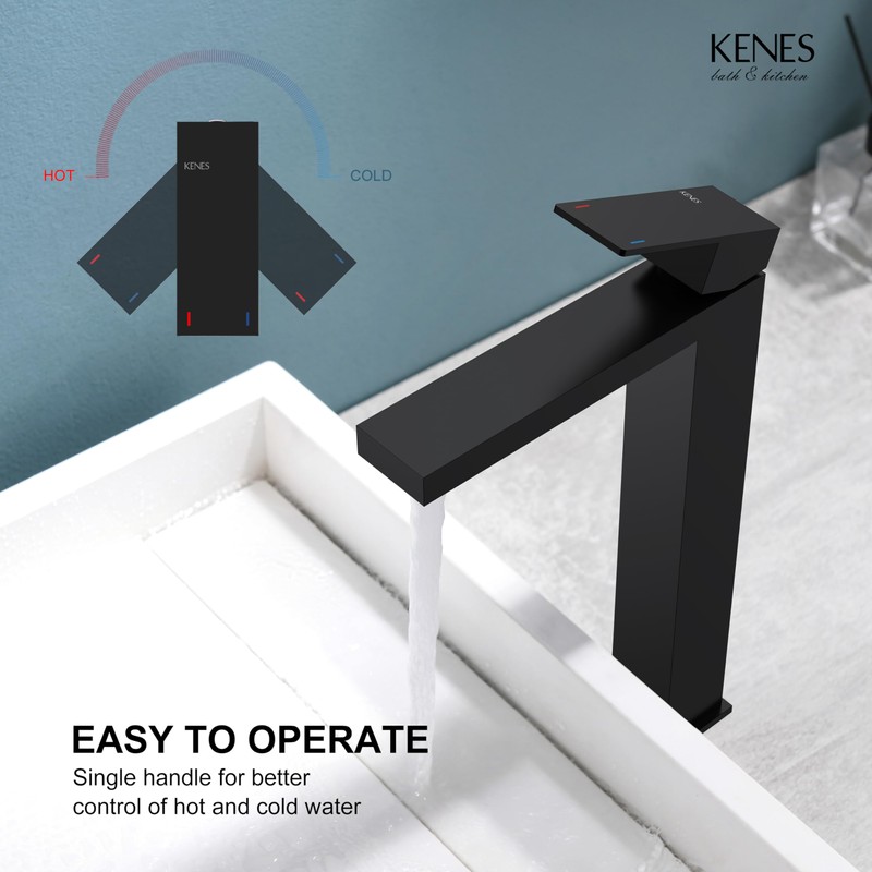KENES Matte Black Bathroom Faucet Single Handle Tall Vessel Sink