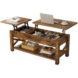 Rolanstar Coffee Table 47.2", 2 Way Lift Top with Hidden Compartment, Lift Top Coffee Table with Open Shelf & X Wooden Support, Center Table for Living Room, Rustic Brown