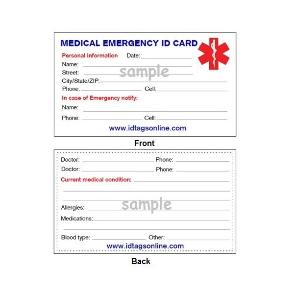 Medical Emergency Wallet Card for Medical Alert Id Bracelets and Dog Tags. 50 Pieces.