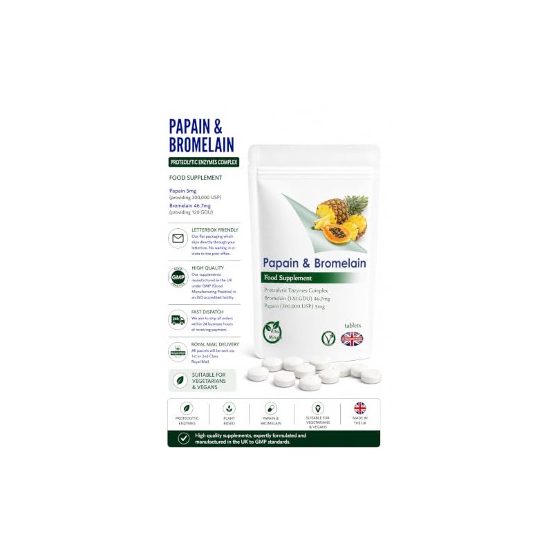 100 Tablets - Papain and Bromelain (Vegan) Protein Digesting Proteolytic