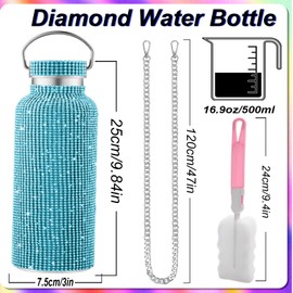 WINCHERRIA Diamond Bling Water Bottle With Lid And Removable Carrying Chain,Bling Tumbler Rhinestones,Glitter water bottle,Bling Cup for Best Friend,Bestie (Blue)