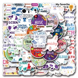55pcs School Subject Stickers Pack, Music Histoire Physics Math Science Classroom Decor for School Teacher Student Sticker Decals for Laptop Water Bottle Notebook School Party Favors and Decor