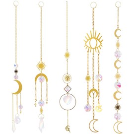 Simpeak 5Pieces Colorful Suncatcher Pendant Hanging Crystal Prisms with Chain, Gold Alloy Chain+Moon+Sun+Prism Ball Rainbow Sun Catcher Prisms for Garden Party Home Christmas Holiday Decoration