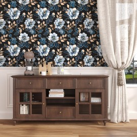 Floral Peel and Stick Wallpaper Watercolor Blue and Golden Flower Contact Paper Leaf Wallpaper Removable Self Adhesive Vinyl Wall Mural Wall Paper for Bathroom Cabinet Kitchen Bedroom 17.5in x 9.8ft